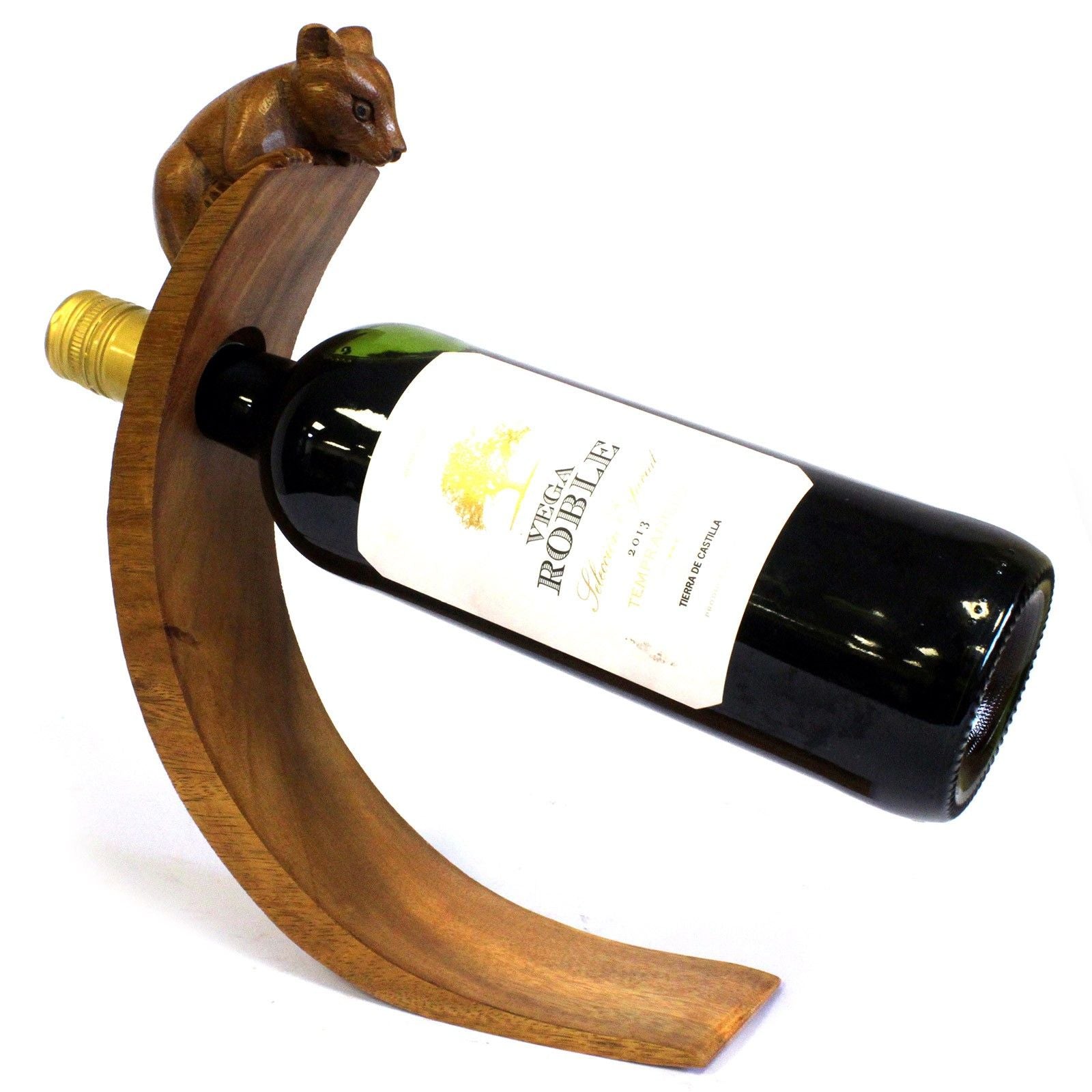 Soporte antigravedad para botella de vino de madera Suar con forma de ratón, 26 cm