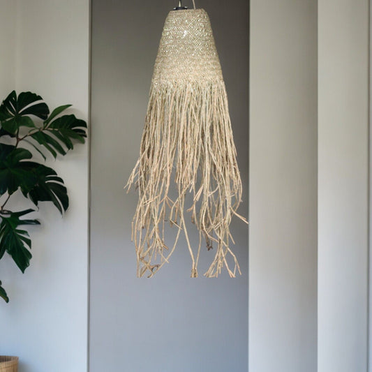 Natural braided doum pendant lamp shade with fringe, handmade in Indonesia, 20x15cm