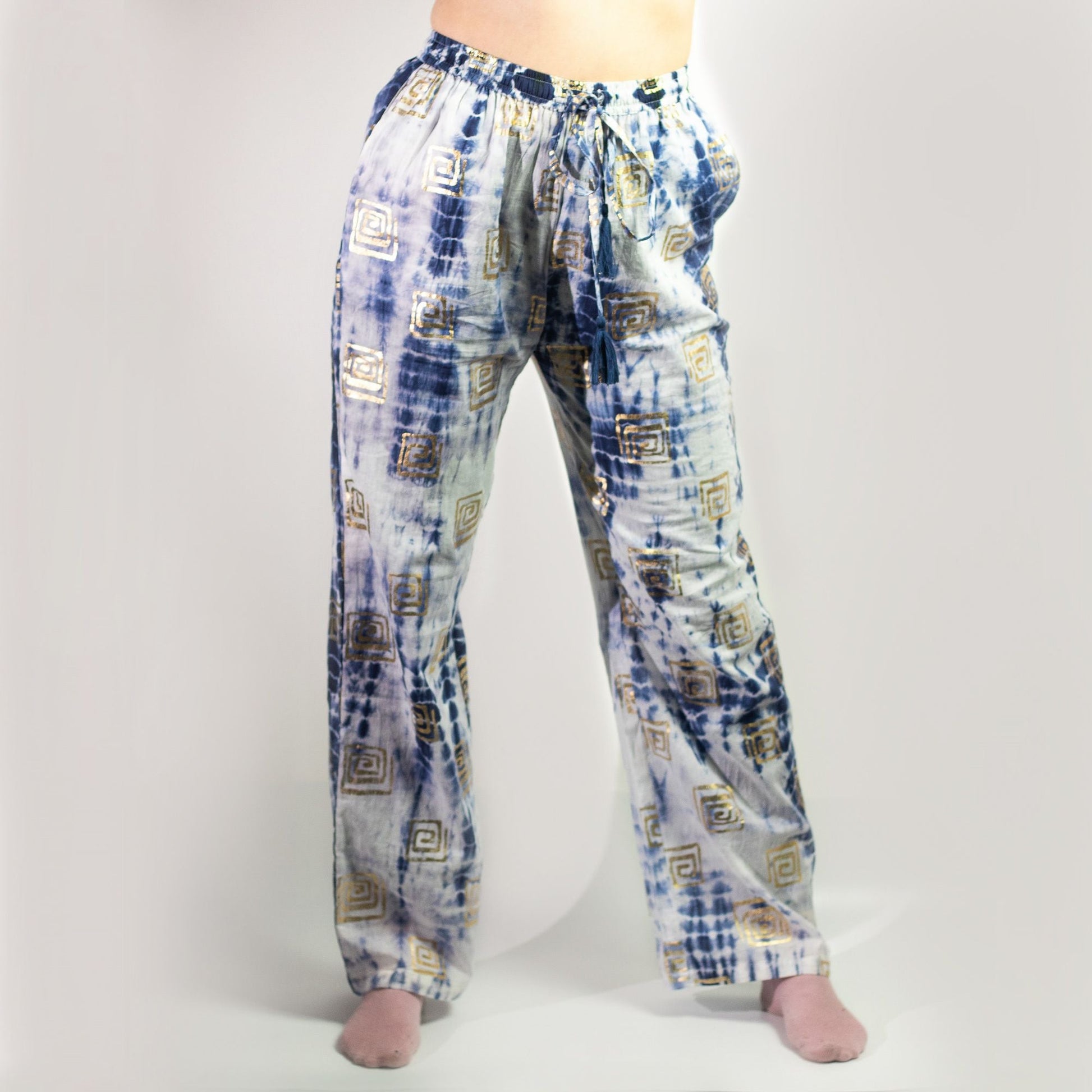 Pure cotton lounge pants with gold and blue Greek motif, hand-painted Mediterranean design, lightweight breathable fit