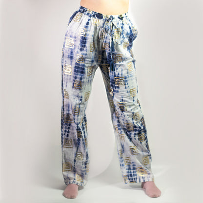 Pure cotton lounge pants with gold and blue Greek motif, hand-painted Mediterranean design, lightweight breathable fit
