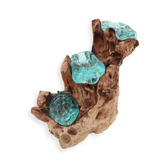 Recycled glass triple candle holder on natural Gamal wood root base, handcrafted eco-friendly home decor centerpiece