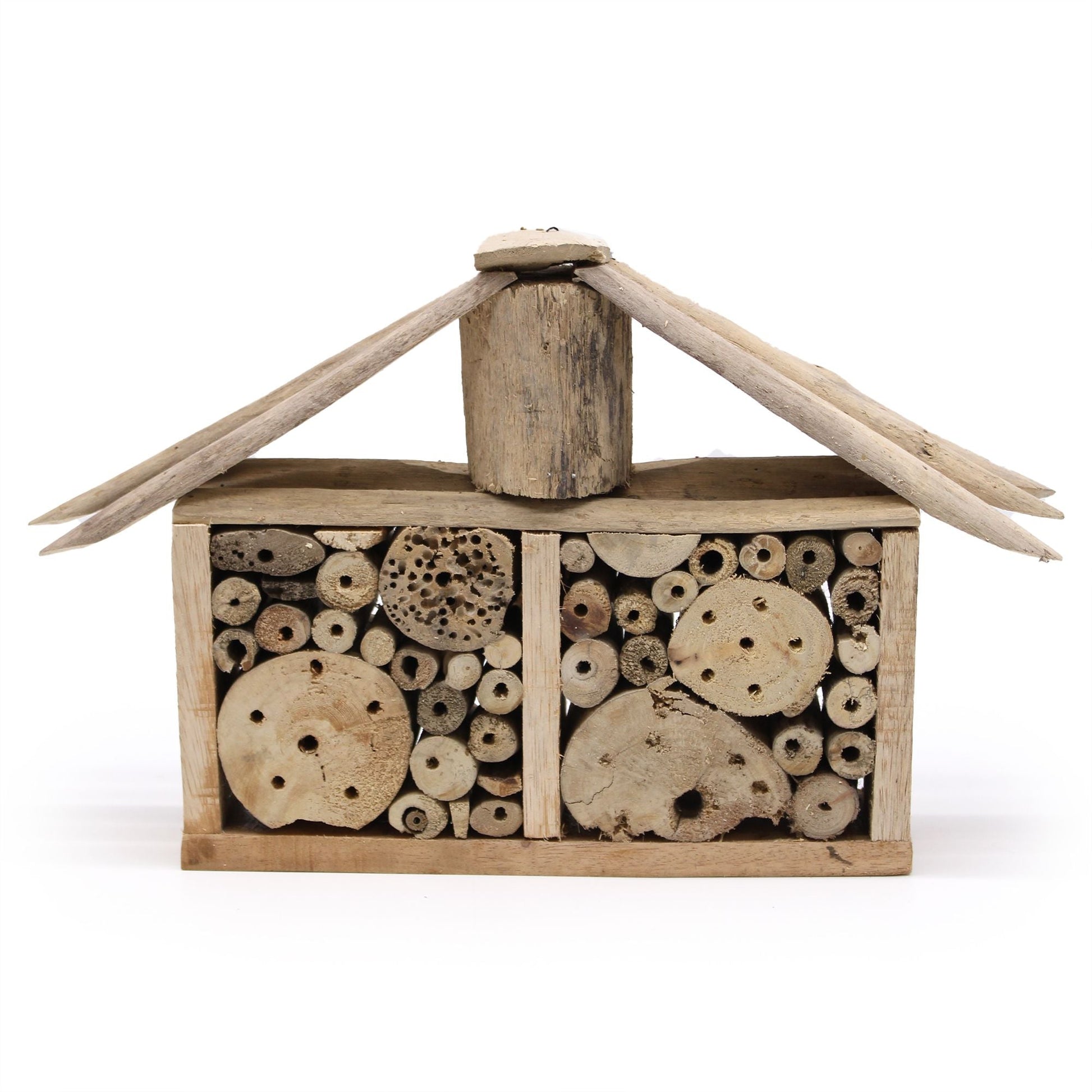 Recycled driftwood insect house, 44 cm tall, rustic wide garden bee and beneficial insect habitat shelter