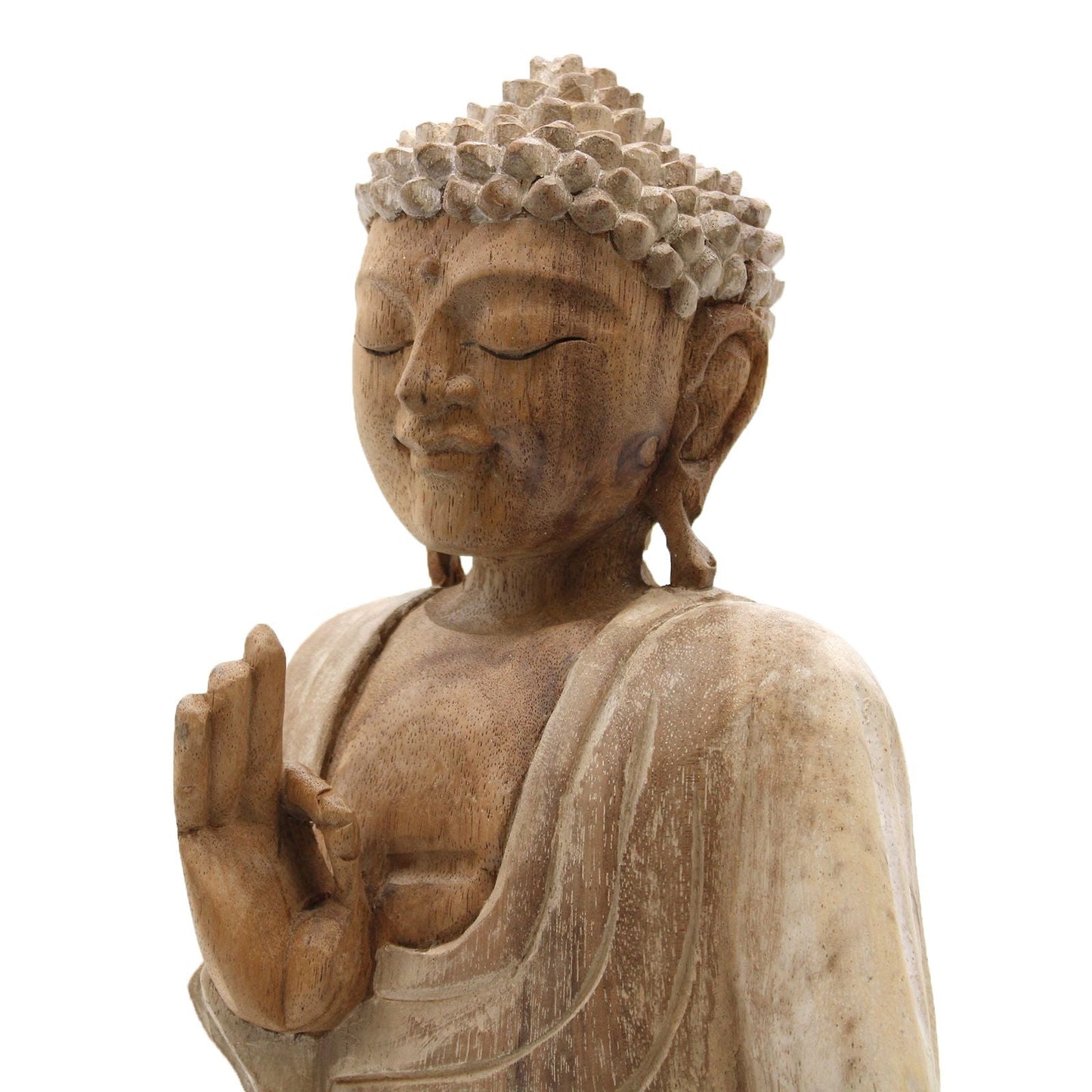 Estatua de Buda de madera de suar – 30 cm, pose de enseñanza (whitewash)
