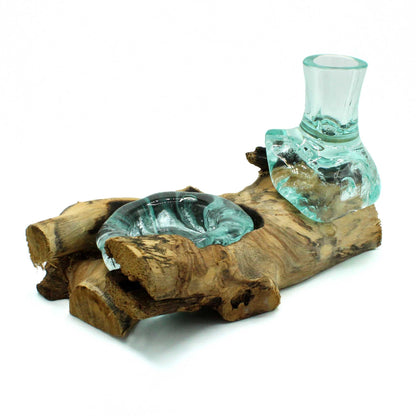 Clear molten glass small flower vase and tealight holder set on a sustainably sourced Gamal wood base