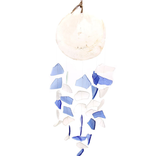 Blue and white recycled glass wind chime with driftwood hanger, handmade outdoor garden decor, 15x60 cm