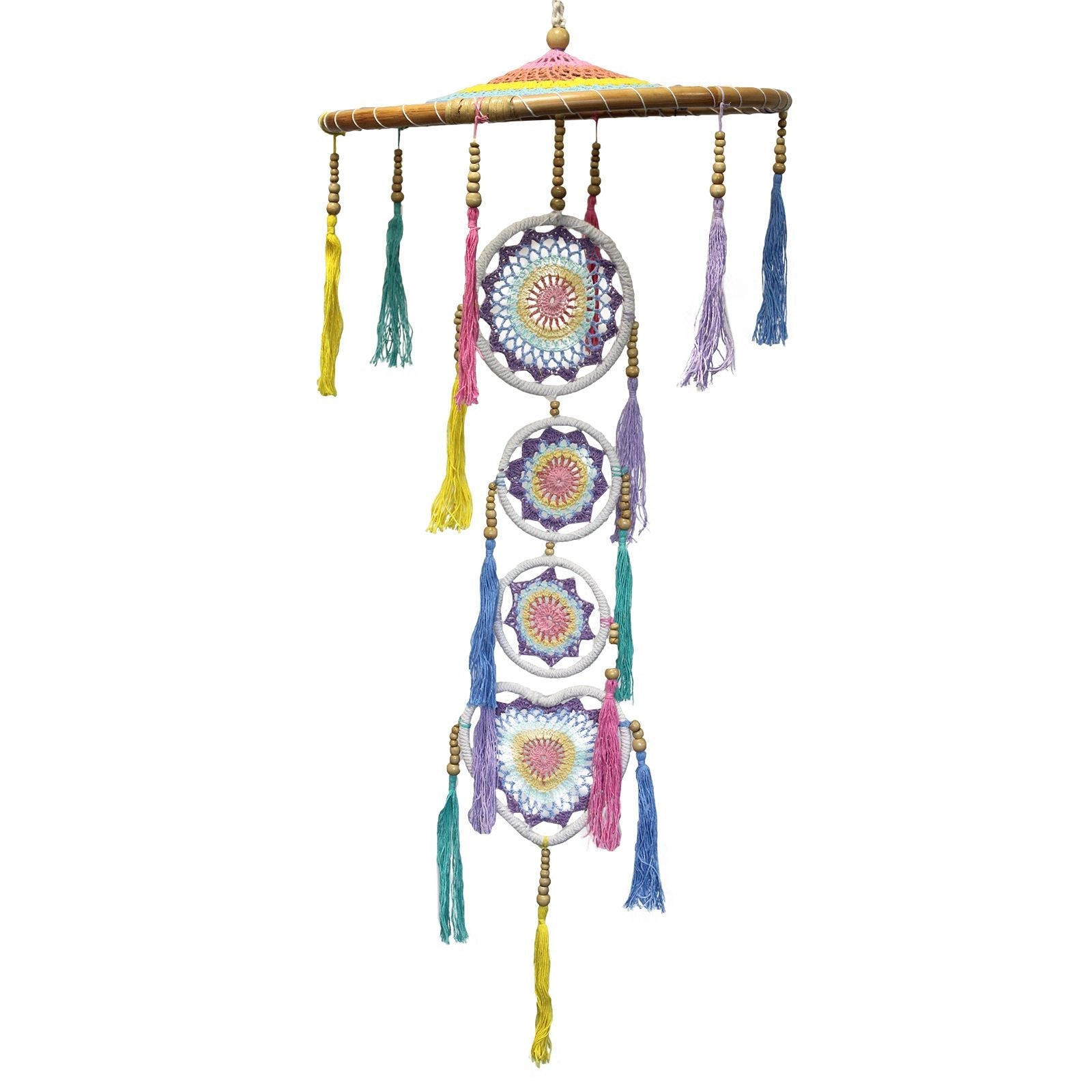 Large 120cm rainbow dreamcatcher wall hanging, handcrafted bamboo and cotton with pastel ribbons, Bali-inspired decor