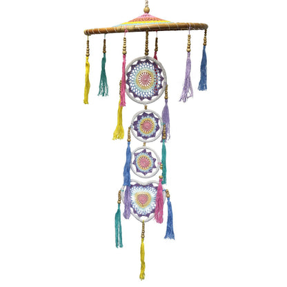 Large 120cm rainbow dreamcatcher wall hanging, handcrafted bamboo and cotton with pastel ribbons, Bali-inspired decor