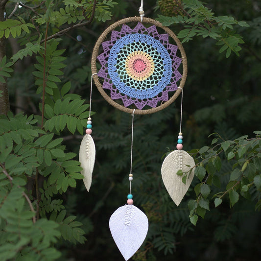 Large boho dream catcher wall hanging made of natural seagrass and cotton, 65x27 cm, with wooden beads