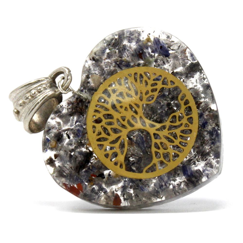 Heart-shaped resin orgonite pendant with Tree of Life design, gemstones and metal, EMF protection spiritual jewelry