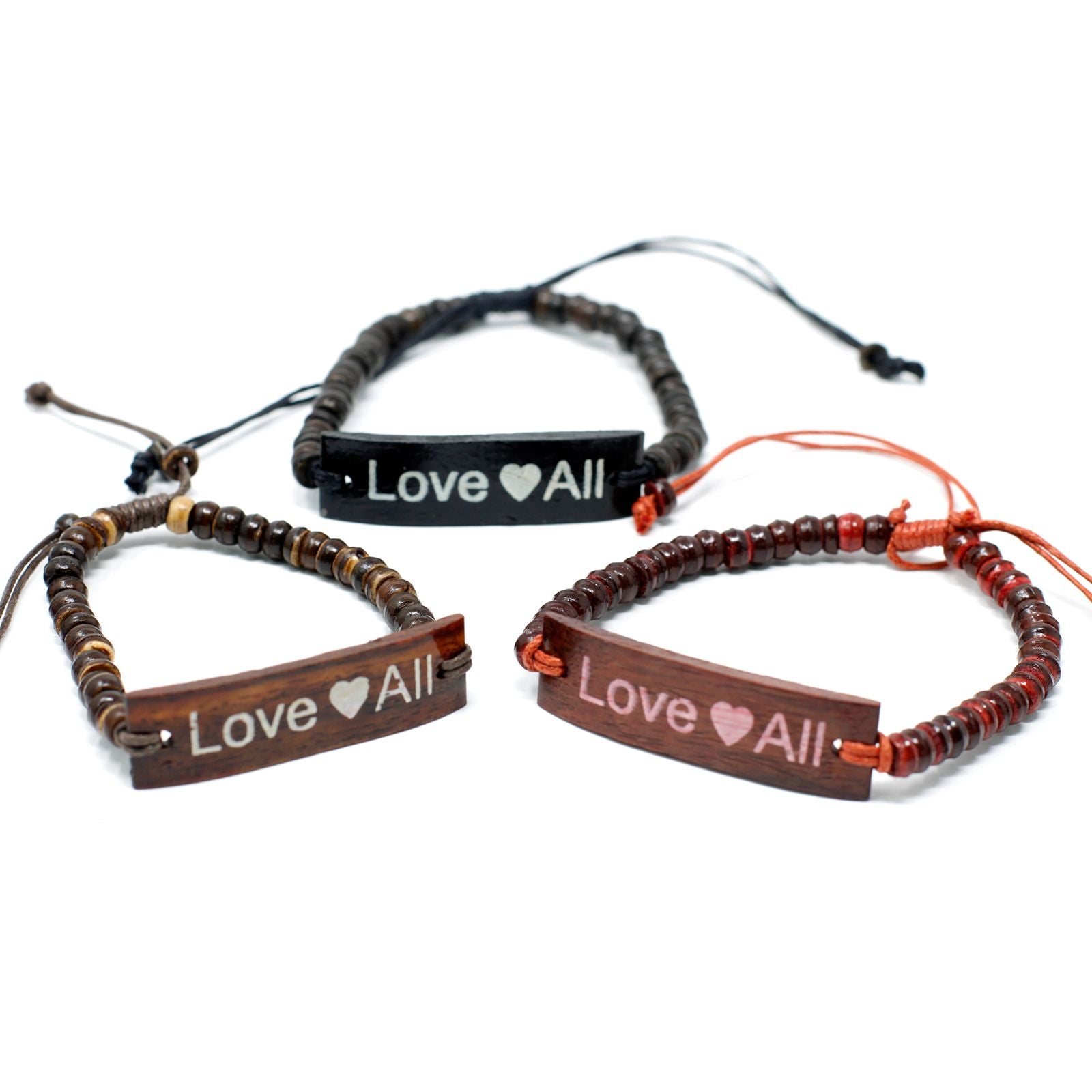 Pulsera rígida LoveAll de madera de coco natural con eslogan grabado, ligera y cómoda