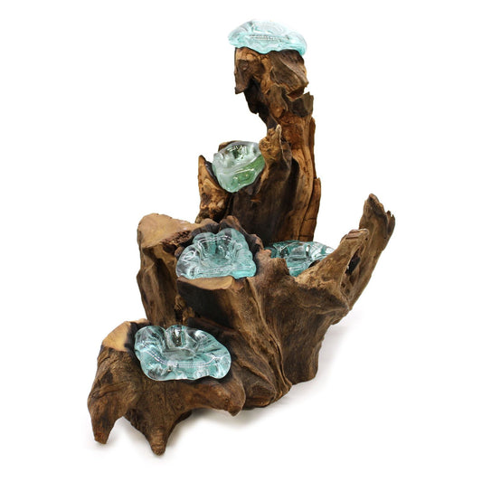 Gamal wood base with hand-blown recycled molten glass, 5-piece candle holder set, Balinese handcrafted decor