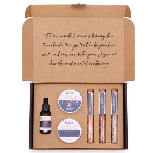 Serenity Essential Self Care Kit gift box with sugar scrub, body cream, bath salt vials and Vitamin C serum