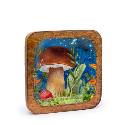 Teal square trinket tray with mushroom design, 15x15x2.5cm
