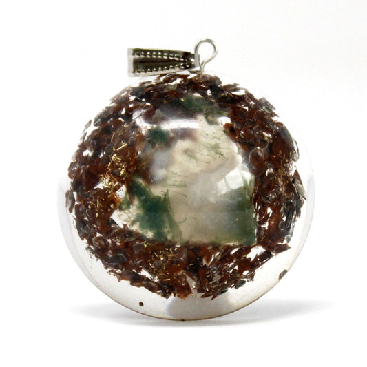 Resin orgonite pendant, 3.5x1 cm dome with gemstone chips, copper and metal filings, handcrafted spiritual jewelry