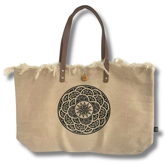Natural Cotton Tote Bag with Leather Handle – Mandala