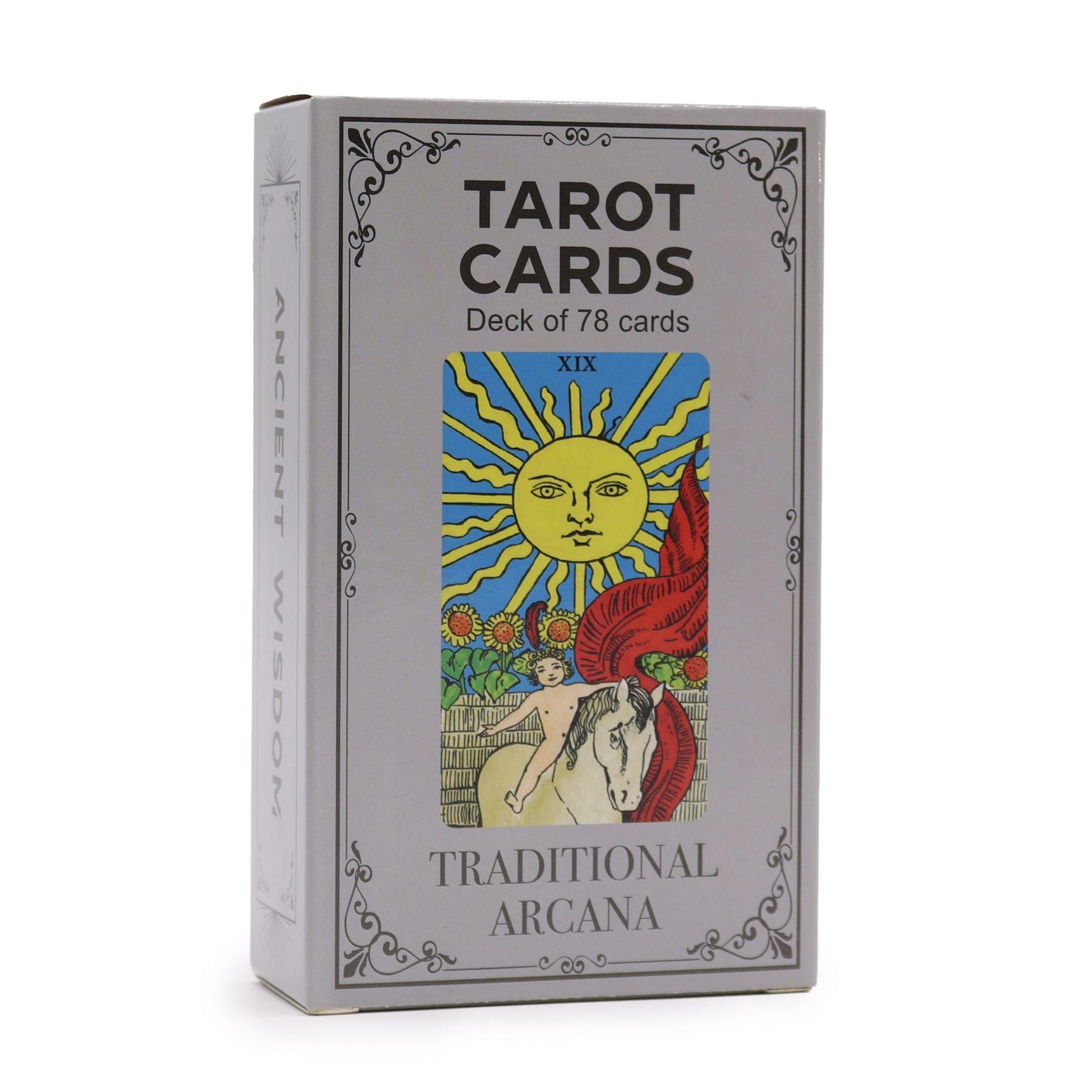 Traditional Arcana tarot card deck set with 78 Rider-Waite style cards and guidebook, smooth finish, in box