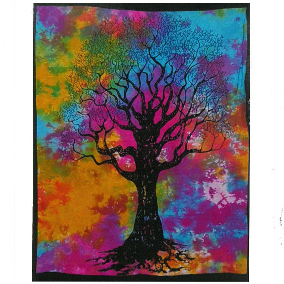 Vibrant Indian cotton wall hanging tapestry featuring Tree of Strength design, 78x112cm, colorful boho wall art decor