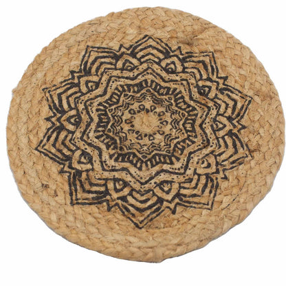 Natural jute and cotton mandala placemat, 30cm round boho table mat in beige, handmade in India
