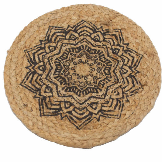 Natural jute and cotton mandala placemat, 30cm round boho table mat in beige, handmade in India