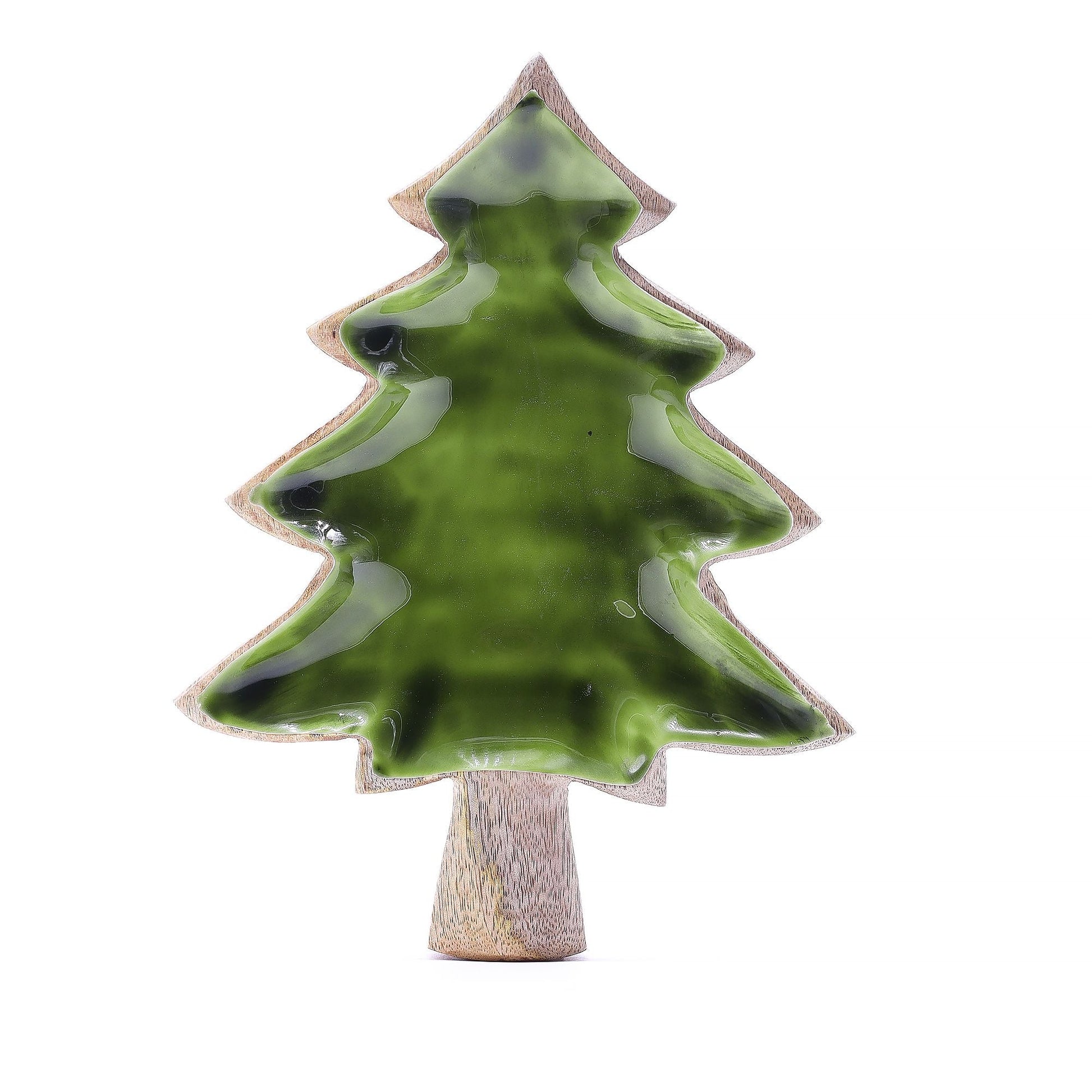 Tree-shaped mango wood bowl with glossy green enamel interior, handcrafted in India, approx. 25x19cm