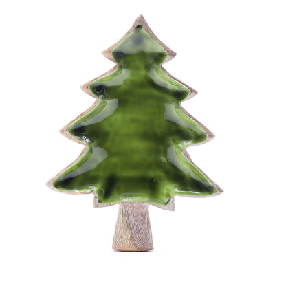 Tree-shaped mango wood bowl with glossy green enamel interior, handcrafted in India, approx. 25x19cm