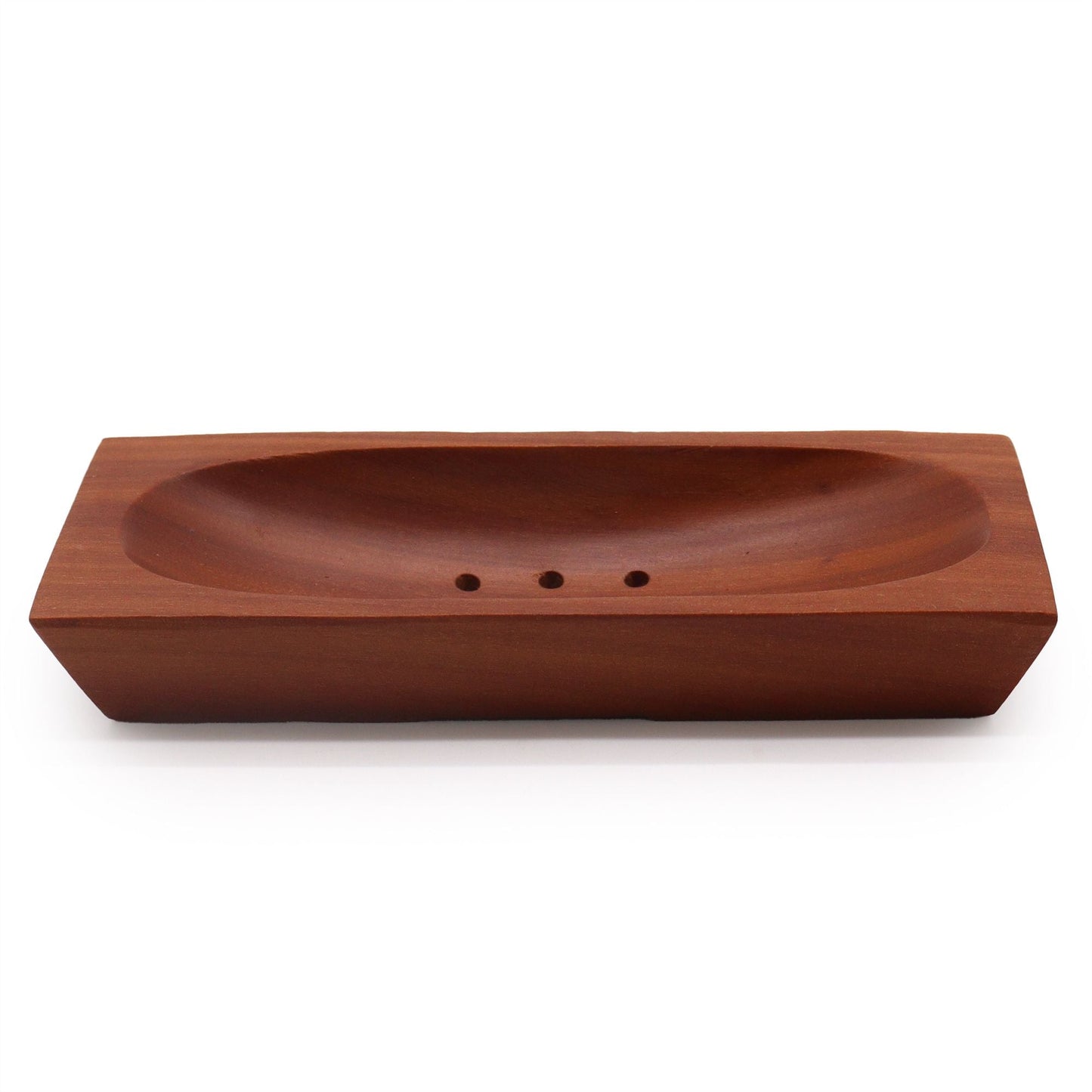 Handcrafted naseberry wood rectangular soap dish with drainage slots, 14.3x7.8 cm, natural mahogany tone