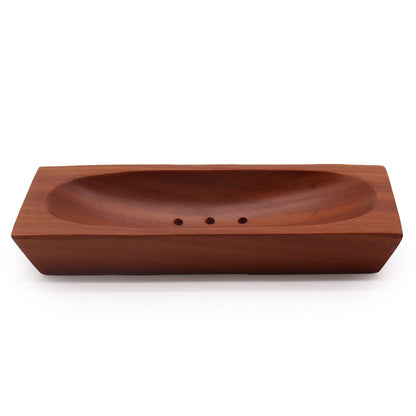 Handcrafted naseberry wood rectangular soap dish with drainage slots, 14.3x7.8 cm, natural mahogany tone