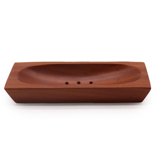 Handcrafted naseberry wood rectangular soap dish with drainage slots, 14.3x7.8 cm, natural mahogany tone