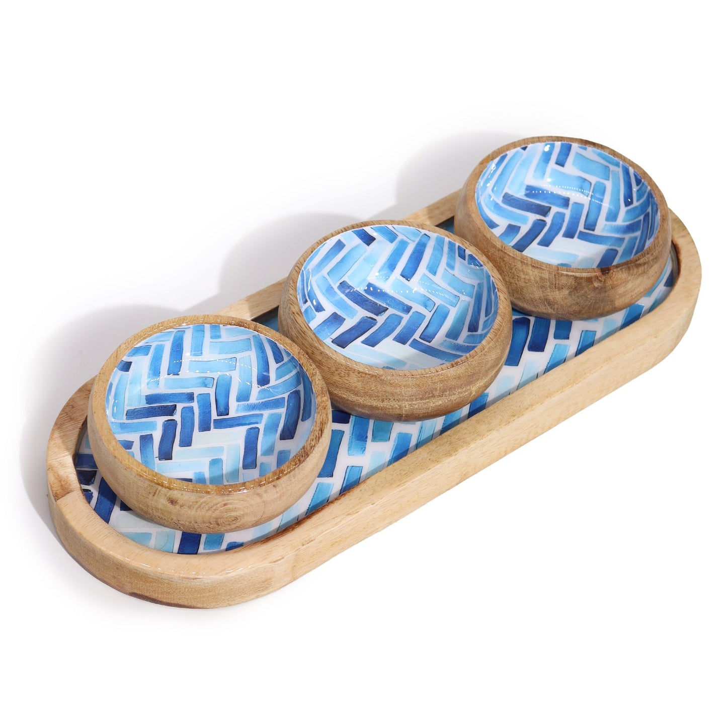 Mango Wood Tray with 3 Bowls – Blue Stripes