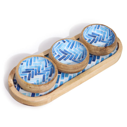 Mango Wood Tray with 3 Bowls – Blue Stripes