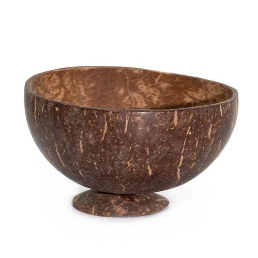Handcrafted medium natural coconut bowl with polished finish and fixed stand, ideal for candles, resin art or jewellery.