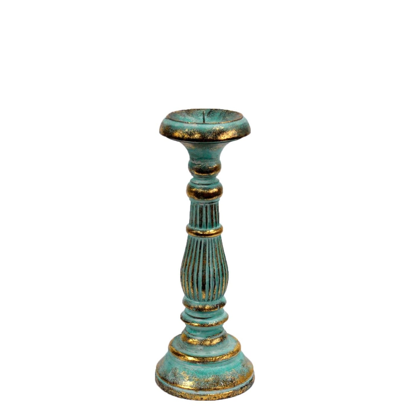 Small turquoise and gold metal candle stand, decorative elevated holder for shelf, bedside table or altar decor