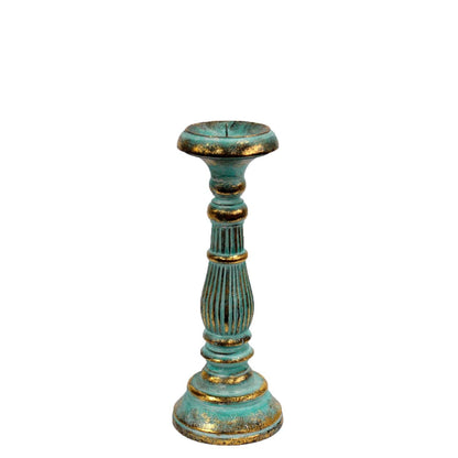 Small turquoise and gold metal candle stand, decorative elevated holder for shelf, bedside table or altar decor
