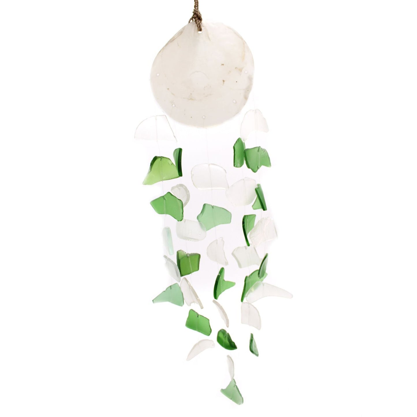 Handcrafted recycled glass wind chime with driftwood, green and white, 60 cm long, for indoor or outdoor decor