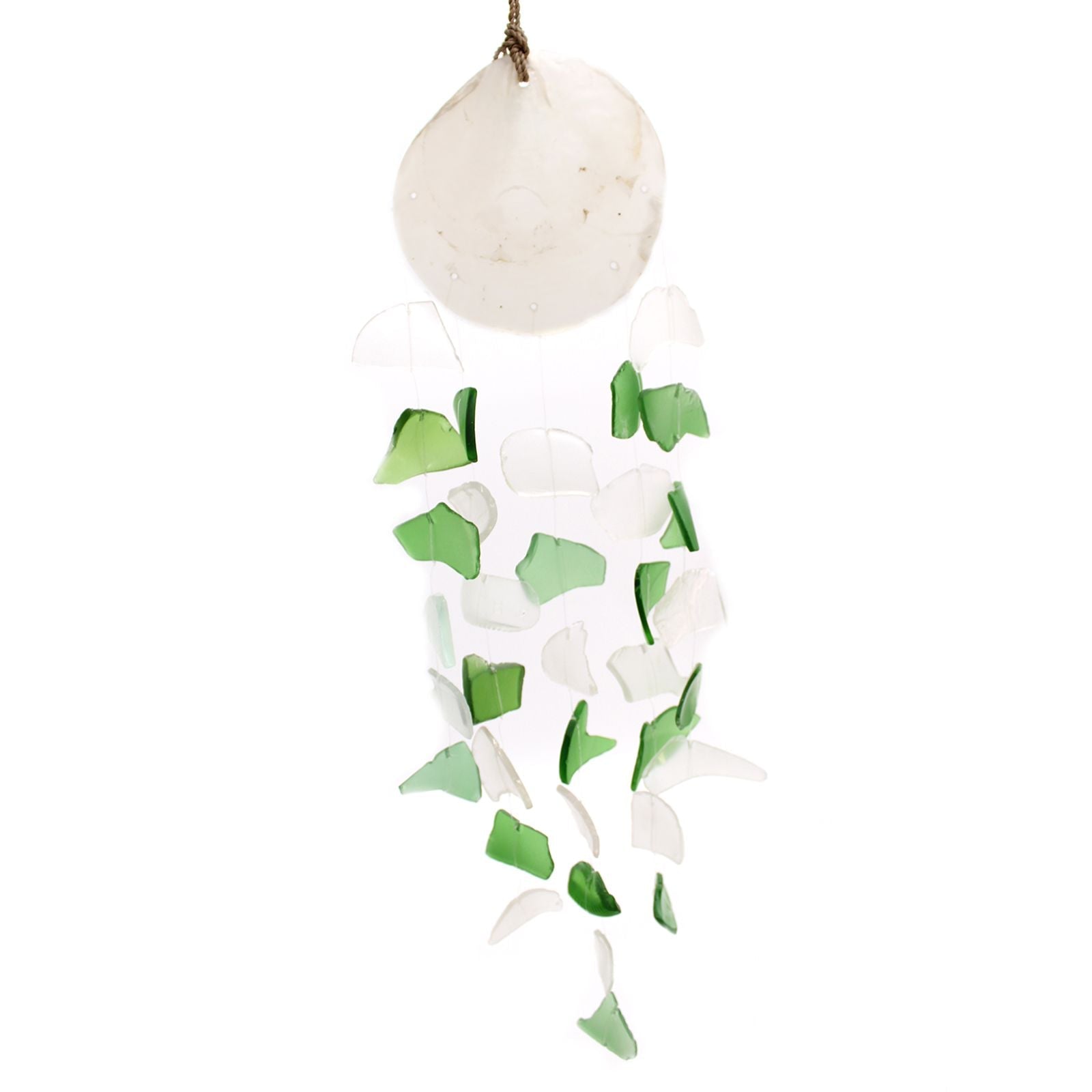 Handcrafted recycled glass wind chime with driftwood, green and white, 60 cm long, for indoor or outdoor decor