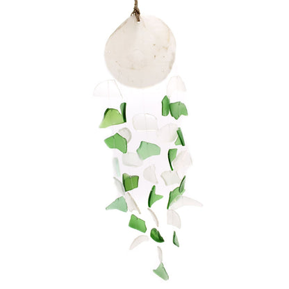 Handcrafted recycled glass wind chime with driftwood, green and white, 60 cm long, for indoor or outdoor decor