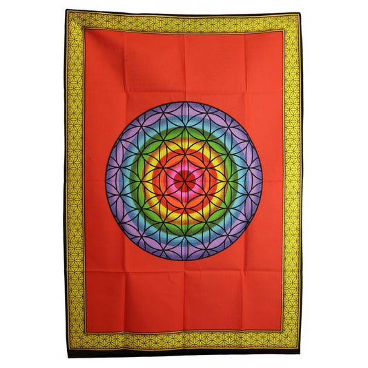 Tapiz de algodón Flor de la Vida arcoíris con fondo rojo y patrón geométrico, 70x110 cm