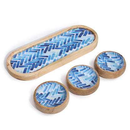 Mango Wood Tray with 3 Bowls – Blue Stripes