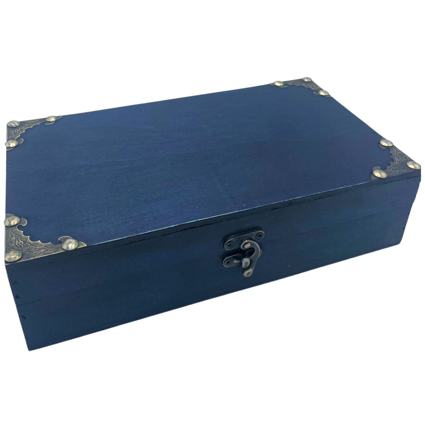 Teal vintage style storage box with colonial design, MDF and metal, 26x14.5x6.8 cm, for tea or gift packaging