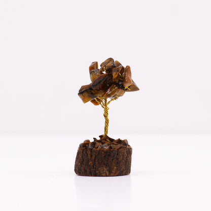 Mini tiger eye gemstone tree with 15 sparkling stones on wire, orgonite accents, 6 cm tall, on natural wooden base