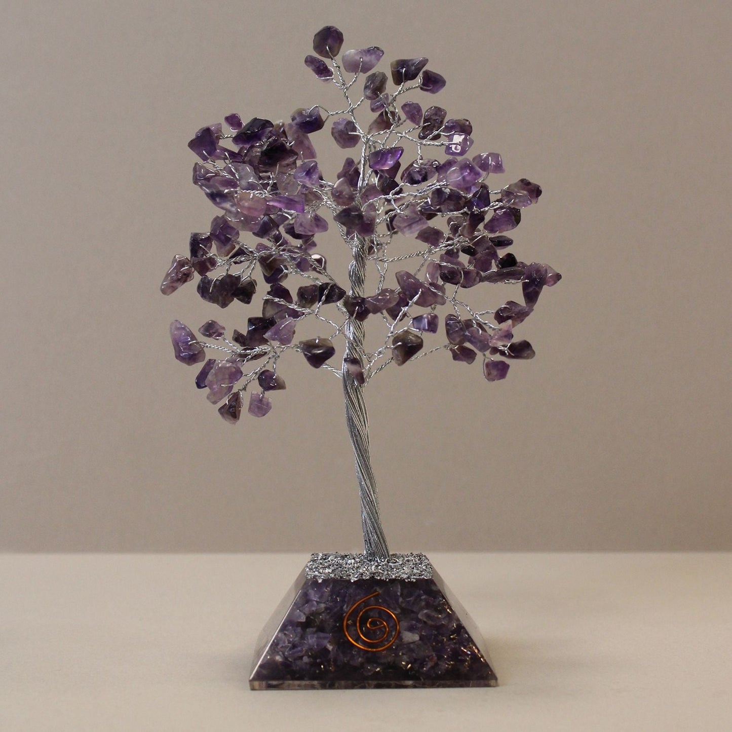 Amethyst gemstone tree with 160 purple chip stones on orgone resin base, handcrafted crystal decor 17 cm