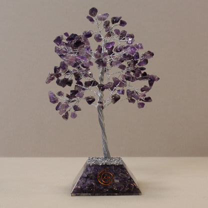 Amethyst gemstone tree with 160 purple chip stones on orgone resin base, handcrafted crystal decor 17 cm