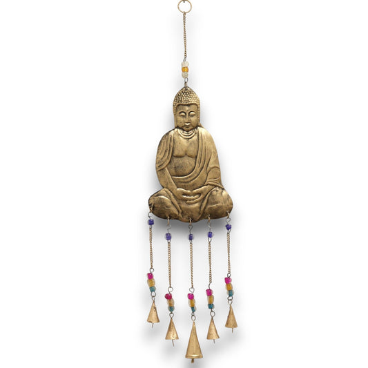 Large Buddha Indian wind chimes with 5 brass bells and colorful glass beads, hanging decor for indoor or outdoor use