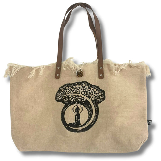 Natural Cotton Tote Bag with Leather Handle – Buddha