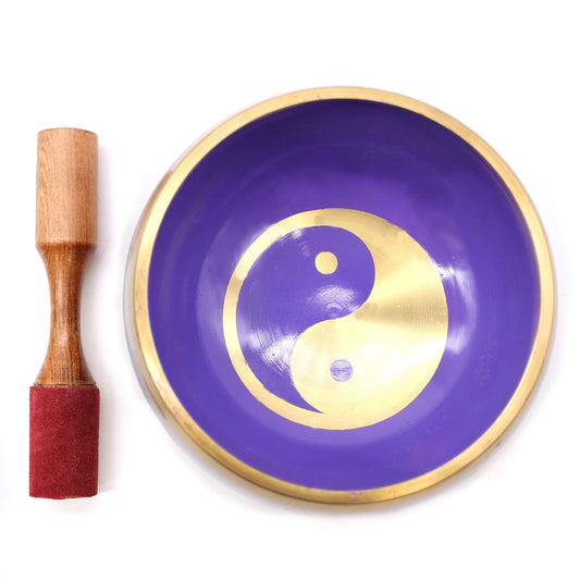 Brass yin-yang Tibetan singing bowl set, 14cm, white and purple design with wooden striker for meditation sound therapy