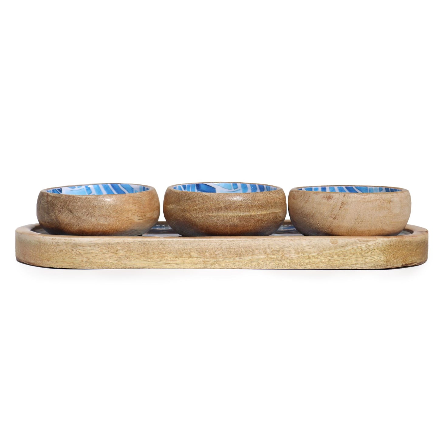 Mango Wood Tray with 3 Bowls – Blue Stripes