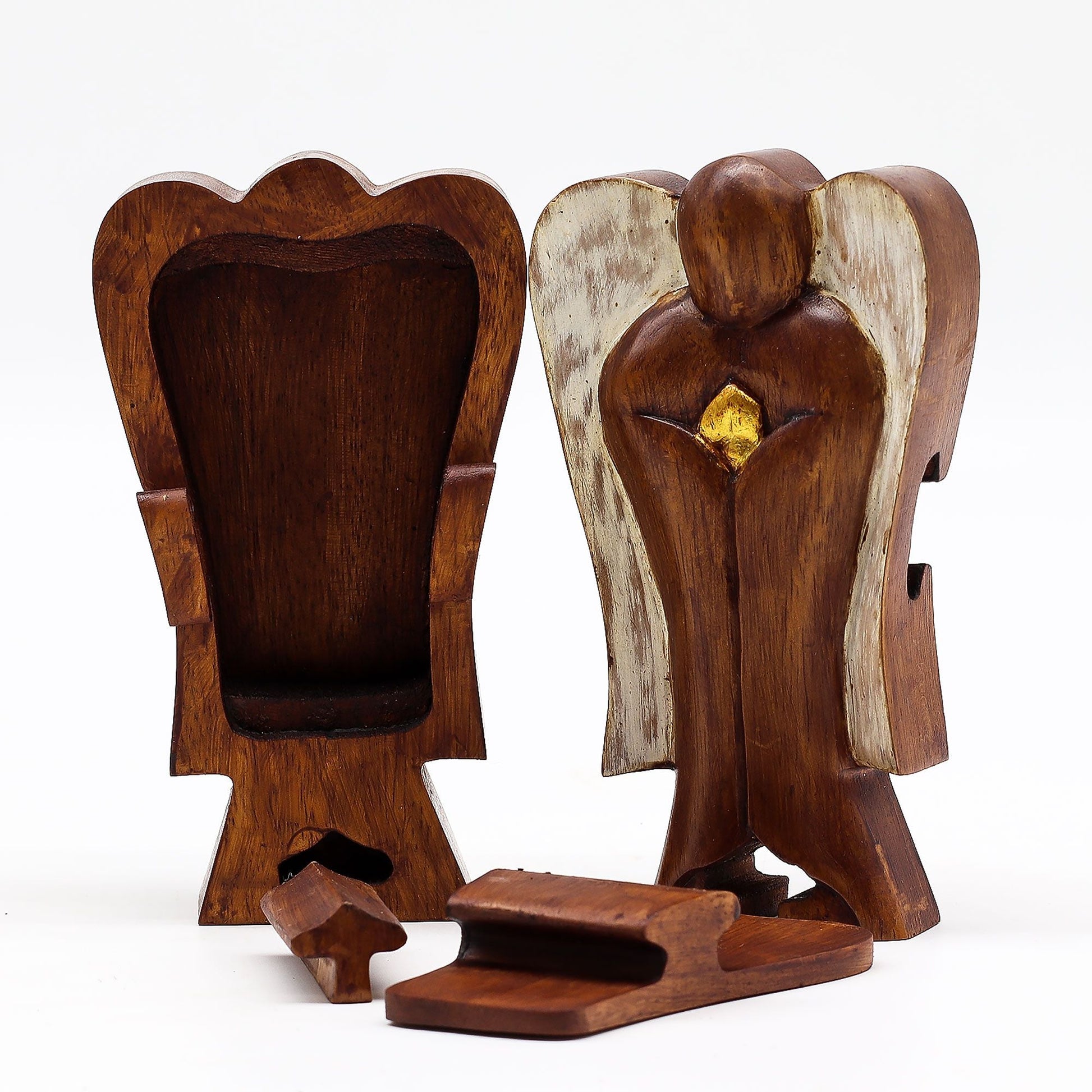 Hand-carved Suar wood Hati-Hati Angel Love magic box, 14 cm tall, holding a heart with hidden compartment