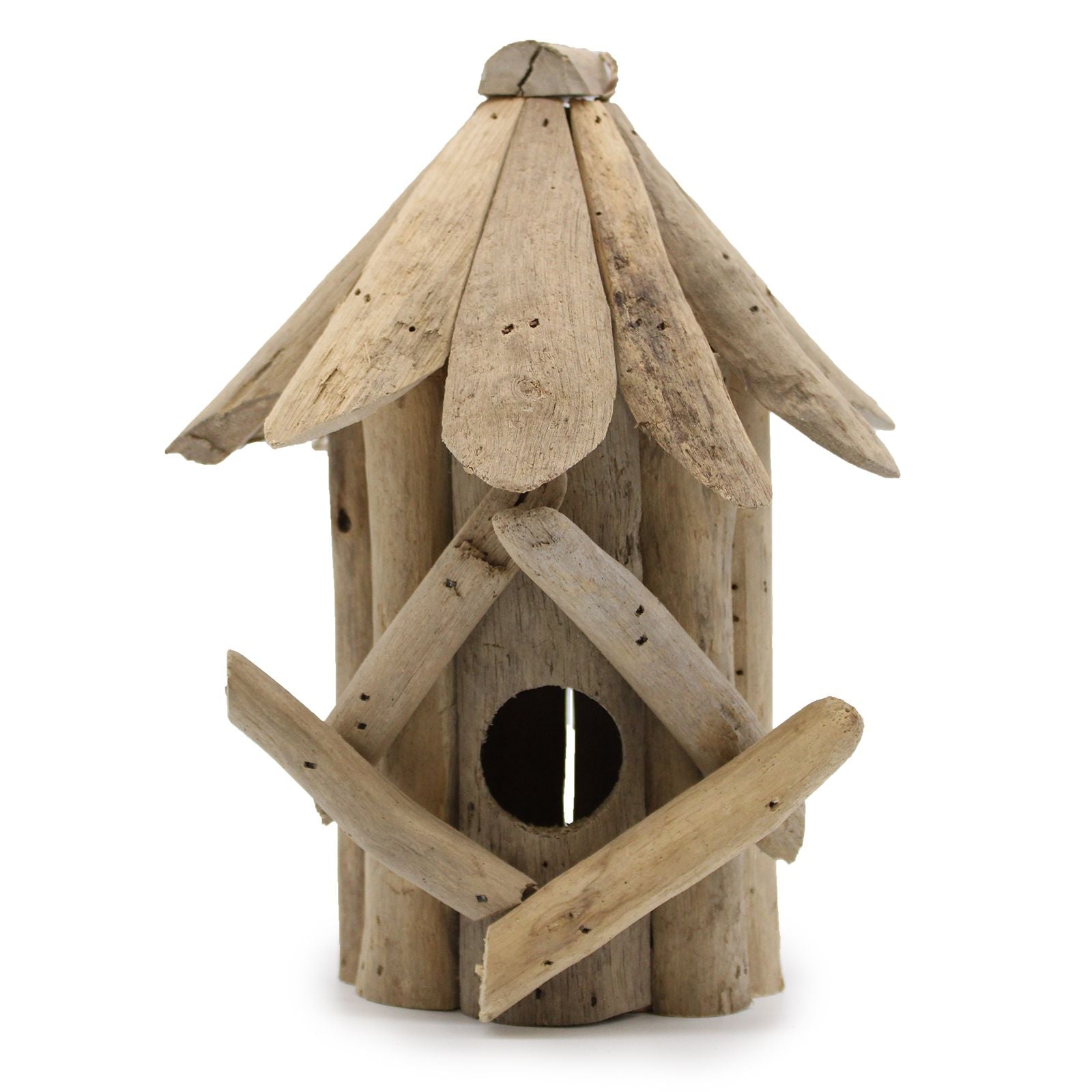 Small recycled driftwood bird box, rustic handcrafted garden birdhouse with natural wood texture, 14x16x22 cm