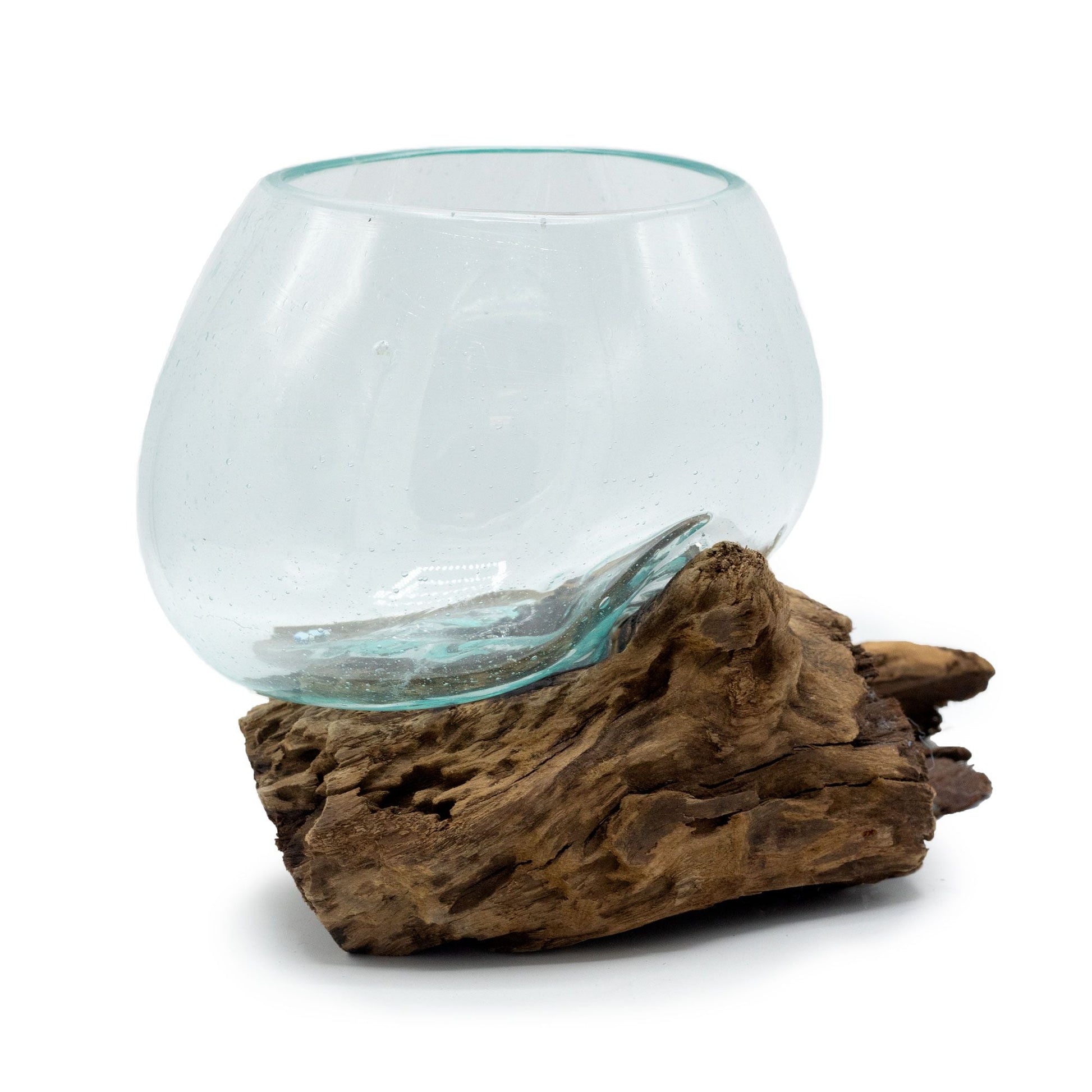 Handcrafted molten recycled glass bowl shaped over Balinese Gamal wood stand, natural décor for air plants and candles