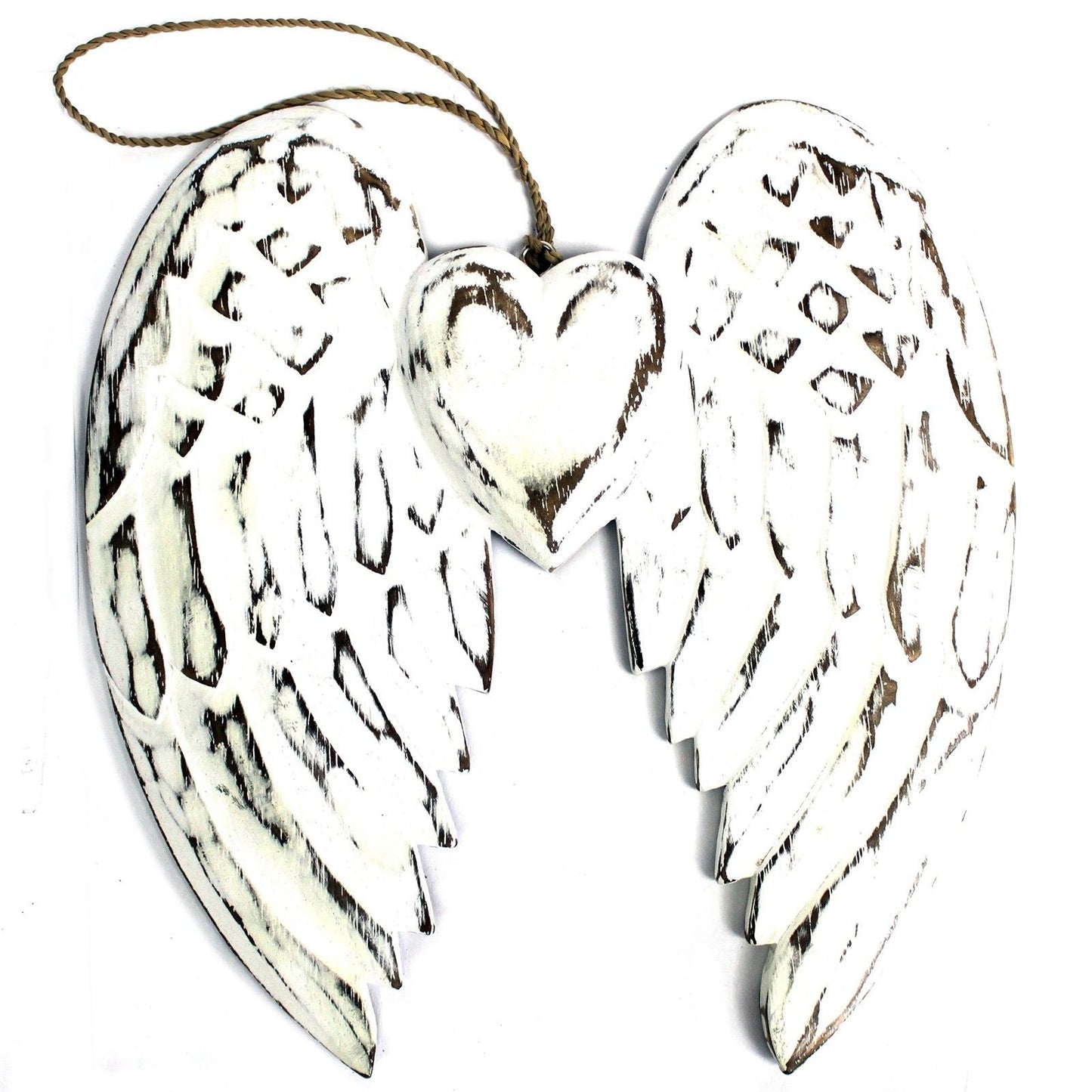 Hand carved distressed feather angel wings with heart, white-washed albesia wood wall decor, 24cm